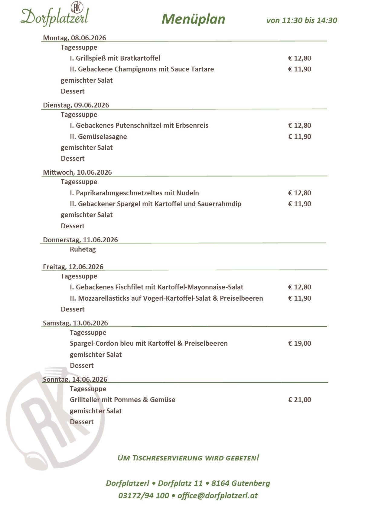 A menu with various salads and sides, including a smoked salmon dish and a mixed salad, available from Tuesday to Sunday. Prices range from 11,90 to 21,00 euros. Each dish includes a dessert.