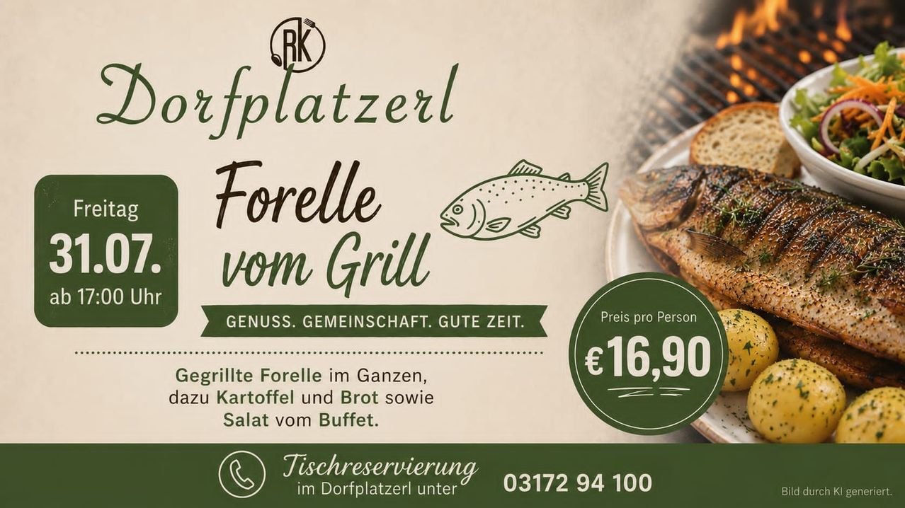 Werbung für Dorfplatzerl mit gegrilltem Fisch, ganzer Forelle, Kartoffeln, Brot und Salat vom Buffet. Der Preis beträgt 16,90 Euro pro Person.
