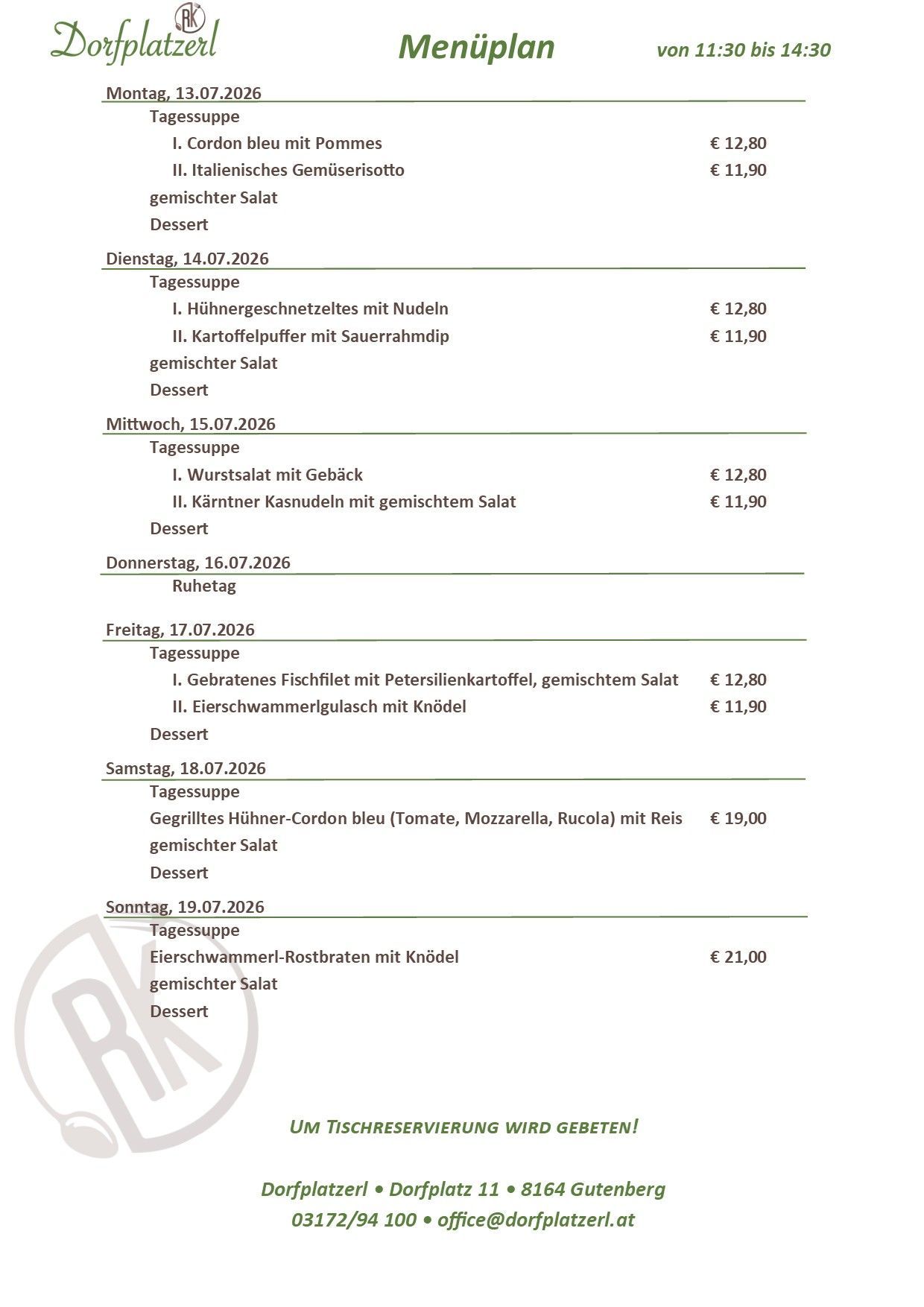 A menu from a restaurant for the week of July 14th to July 20th, 2026, featuring daily specials with prices.