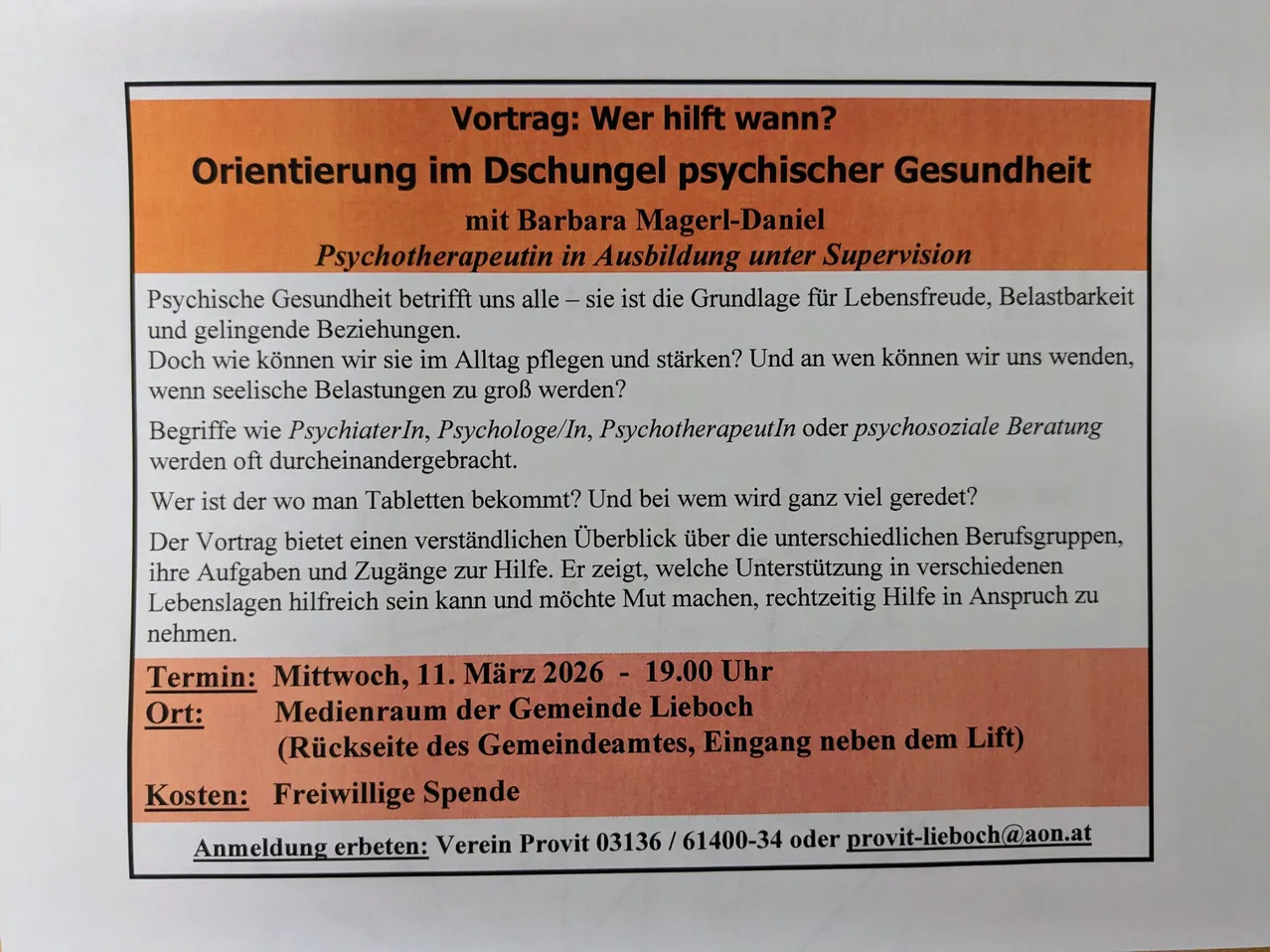 Vortrag: Wer hilft wann? Orientierung im Dschungel psychischer Gesundheit mit Barbara Magerl-Daniel, Psychotherapeutin in Ausbildung unter Supervision. Psychische Gesundheit betrifft uns alle - sie ist die Grundlage für Lebensfreude, Belastungsbewältigung und erfolgreiche Beziehungen. Wann können wir sie stärken? An wen können wir uns wenden, wenn seelische Belastungen zu groß werden?