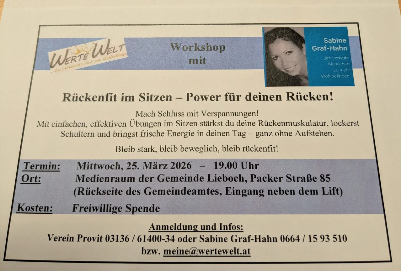 Poster für einen Workshop mit dem Titel 'Rückenfit im Sitzen - Power für deinen Rücken!' Geplant für Mittwoch, 25. März 2026, um 19:00 Uhr im Medienraum der Gemeinde Lieboch, Packer Straße 85. Freier Eintritt. Anmeldung und Infos bei Sabine Graf-Hahm.