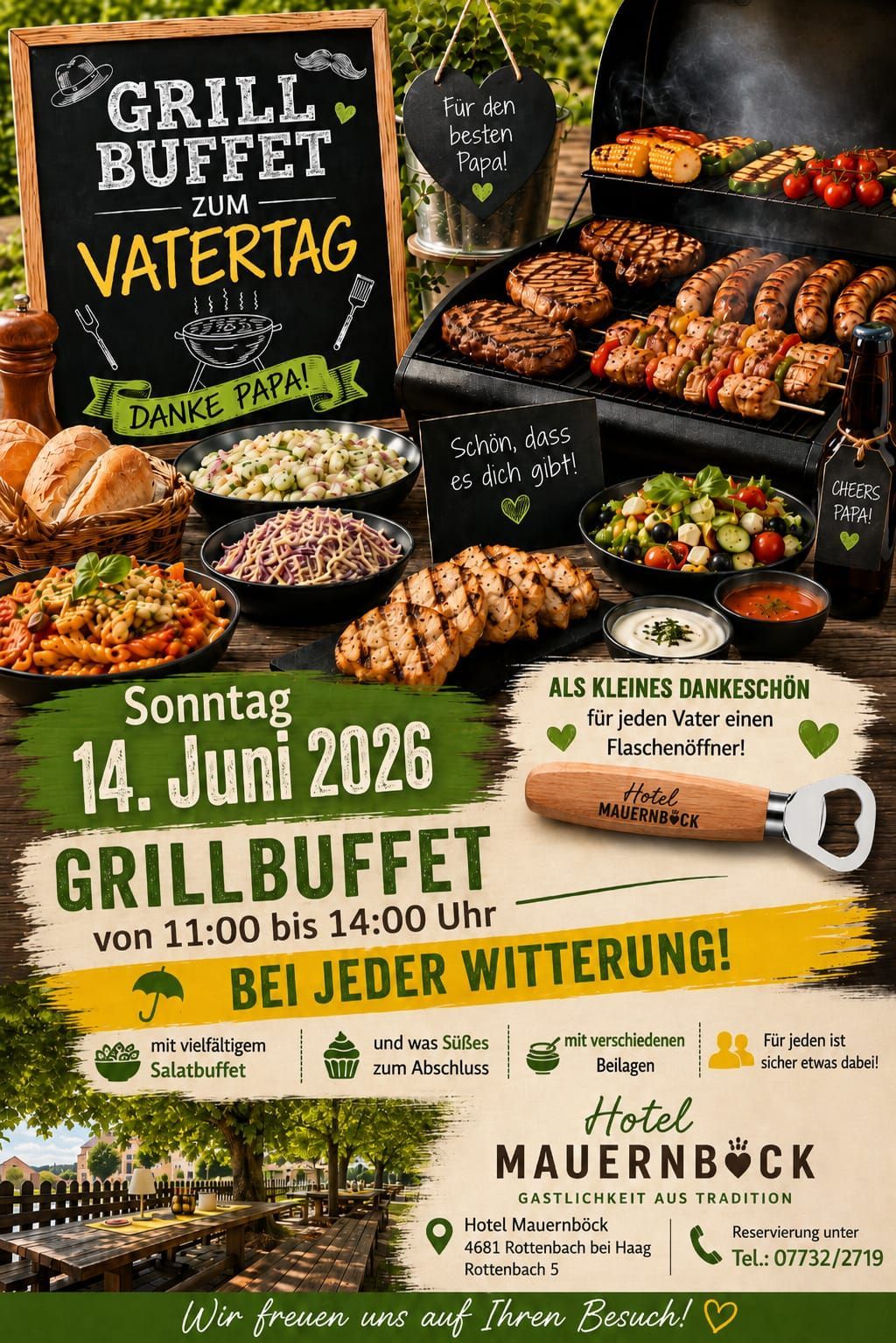 Plakat für Vatertag. Beinhaltet ein Grillbuffet von 11:00 bis 14:00 am 14. Juni 2026. Verschiedene Salate, Fleisch und Saucen sind abgebildet. Eine Flasche mit Cheers Papa darauf.