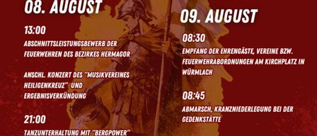 Plakat für die FF Wurmlach-Veranstaltung am 8. und 9. August. Samstag mit Abschnittsleistungsbewerb, Konzert und Tanzaufführung. Sonntag mit Empfang der Ehrengäste, Kranzniederlegung, Festgottesdienst und Morgenkonzert.