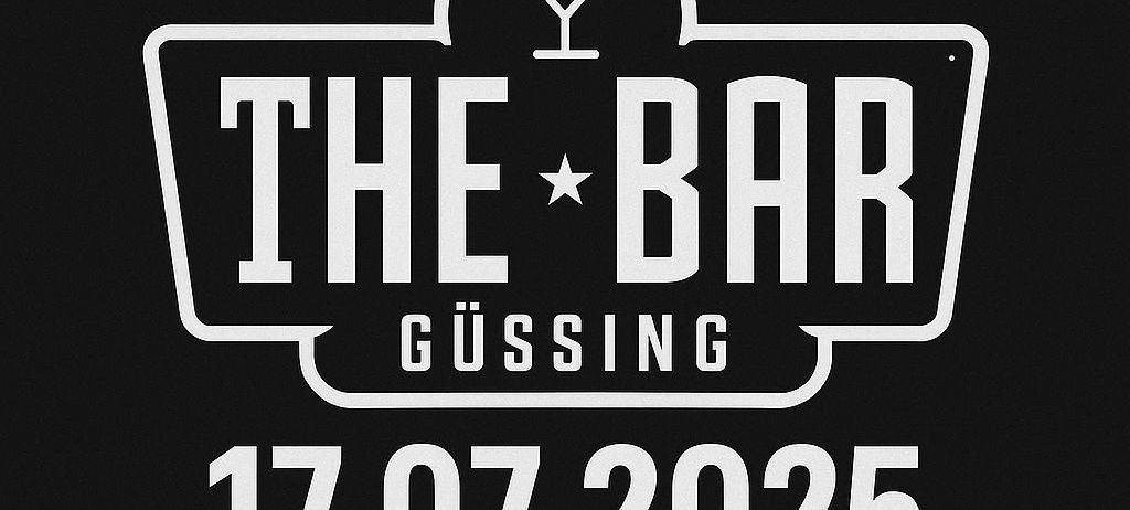 Ein schwarzer Plakat kündigt einen Musikabend in der Bar in Gusing am 17.07.2025 an, beginnend um 20:00 Uhr mit DJ Stephan Adamek. Ein Symbol eines Cocktailglases befindet sich über dem Namen der Veranstaltung.