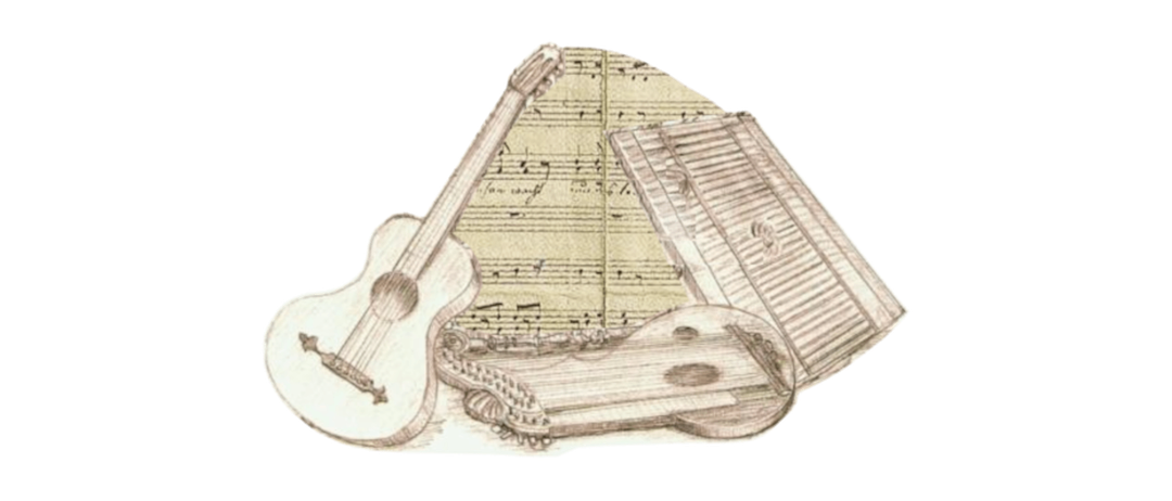 Ein Musikinstrument, das einer Gitarre ähnelt, liegt auf einem Notenblatt vor schwarzem Hintergrund.