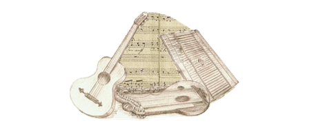 Ein Musikinstrument, das einer Gitarre ähnelt, liegt auf einem Notenblatt vor schwarzem Hintergrund.