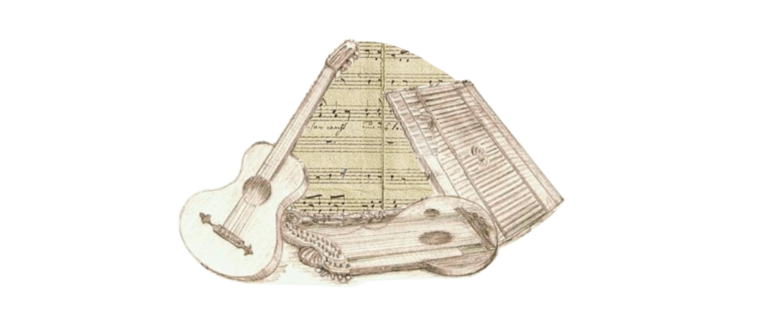 Eine Zeichnung einer Gitarre und einer Laute auf einem Notenblatt, beide Instrumente übereinander gelegt.