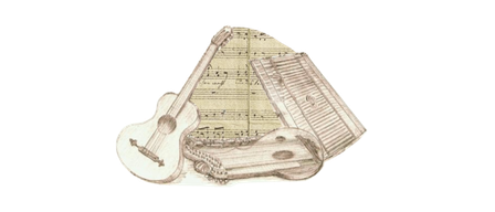 Ein schwarzer Hintergrund mit einer gezeichneten Gitarre, einer Laute und einem Musikbogen. Die Gitarre und die Laute liegen auf dem Notenblatt.