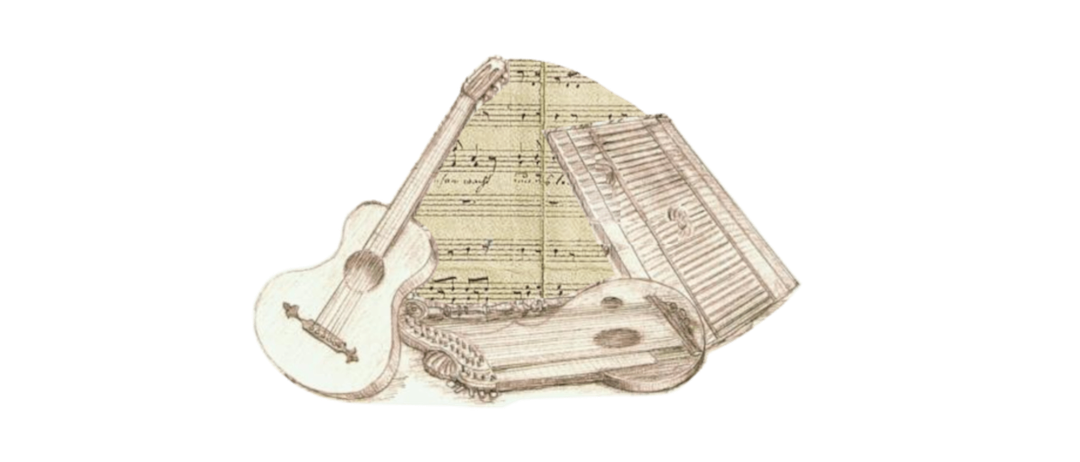 Ein schwarzer Hintergrund mit einer gezeichneten Gitarre, einer Laute und einem Musikbogen. Die Gitarre und die Laute liegen auf dem Notenblatt.