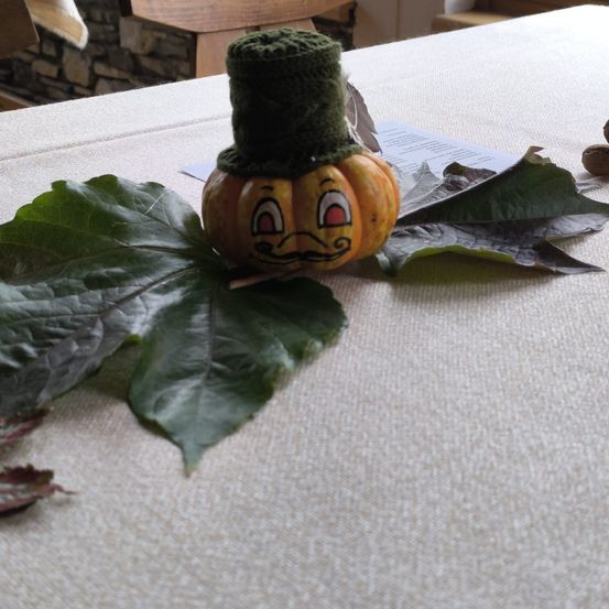 Bild enthält, Leaf, Potted Plant, Food, Produce, Squash, Pumpkin, Furniture, Table, Flower, Home Decor