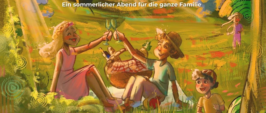 Plakat für Gartenfest in Moosburg. Bietet Live-Musik, eine Harmonika-Klasse, ein Picknick und Familienaktivitäten. Datum: 11. Juli 2026, Beginn um 17 Uhr.