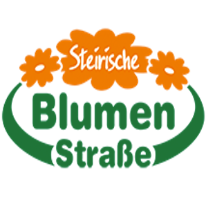 Das Logo für Steirische Blumen StraBe zeigt ein stilisiertes grünes Blatt und drei orangefarbene Blumen über dem Markennamen.