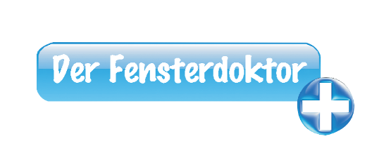 Ein blauer Button mit weißem Text, der 'Der Fensterdoktor' liest und ein weißes Kreuzsymbol auf der rechten Seite.