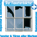 Werbung für 'Der Fensterdoktor' mit einem Bild eines zerbrochenen Fensters. Webseite www.der-fensterdoktor.at. Spezialisiert auf Fenster und Türen aller Marken.