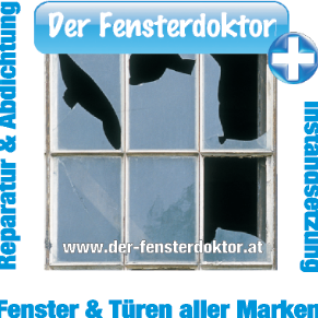 Werbung für 'Der Fensterdoktor' mit einem Bild eines zerbrochenen Fensters. Webseite www.der-fensterdoktor.at. Spezialisiert auf Fenster und Türen aller Marken.
