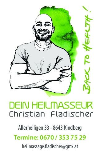 A smiling man with arms crossed, advertising for a health massage service by Christian Fladischer.