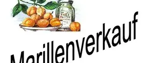 Eine Illustration von Aprikosen auf einem Teller und einem Glas Aprikosen mit dem Text 'Aprikosenverkauf' in Schwarz.