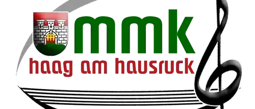 Das Logo zeigt eine Musiknote, die mit einem Wappenschild mit Burgdesign verflochten ist, zusammen mit dem Text 'Hang am Hausuck' in Rot und Grün.