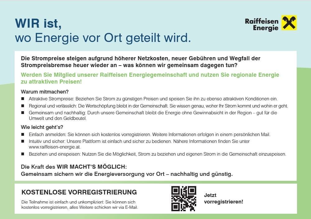 Ein Infografik von Raiffeisen Energie über steigende Energiepreise aufgrund höherer Netzkosten, neuer Gebühren und Wegfall der Preisbremse. Es wird empfohlen, der Raiffeisen Energiegenossenschaft beizutreten, um von regionaler Energie zu aktiven Preisen zu profitieren.