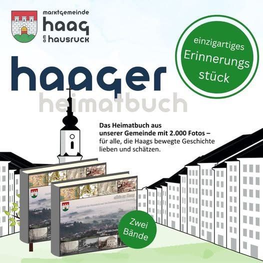 Ein Plakat für das Haager Heimatbuch, ein Heimatbuch mit 2.000 Fotos, zeigt Illustrationen von Gebäuden und einem Turm. Es ist in zwei Bänden erhältlich.