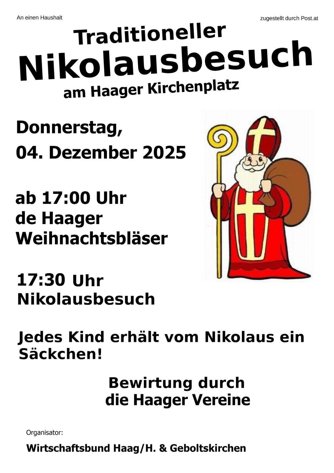 Plakat für Nikolaus-Veranstaltung am Haager Kirchenplatz am 4. Dezember 2025. Nikolaus kommt um 17:00 Uhr, gefolgt von einem Besuch um 17:30 Uhr. Jedes Kind erhält einen Geschenksack. Veranstaltet von den Haager Vereinen.