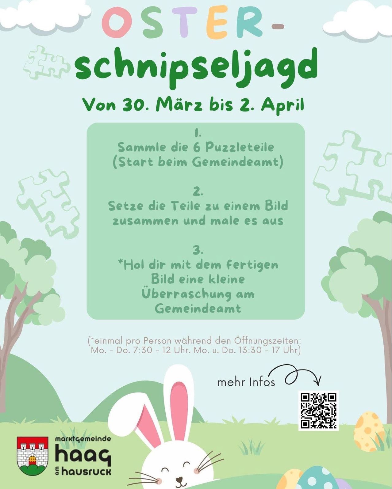 Plakat für eine Puzzlejagd-Veranstaltung. Sammle Puzzleteile vom Gemeindeamt. Setze die Teile zu einem Bild zusammen und überrasche das Gemeindeamt. QR-Code für weitere Informationen.
