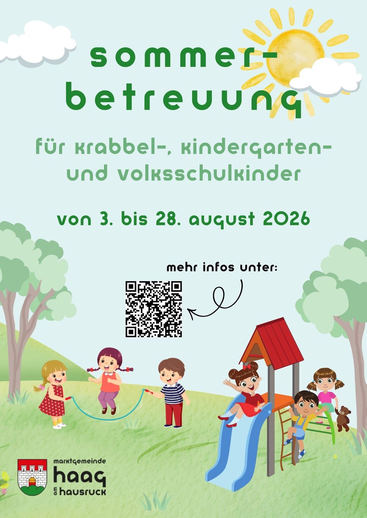 Plakat für Kinderbetreuung für Krabbel-, Kindergarten- und Grundschulkinder vom 3. bis 28. August 2026. QR-Code für weitere Infos. Kinder spielen auf dem Spielplatz.
