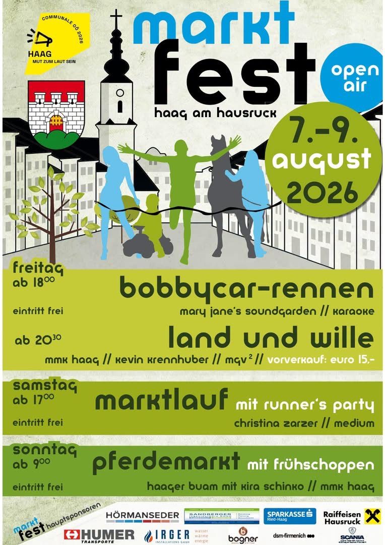 Plakat für das Fest Haag am Hausruck-Event, mit Silhouetten von Menschen, einem Pferd und einem Baum. Daten und Aktivitäten für den 7.-9. August 2026 aufgeführt.
