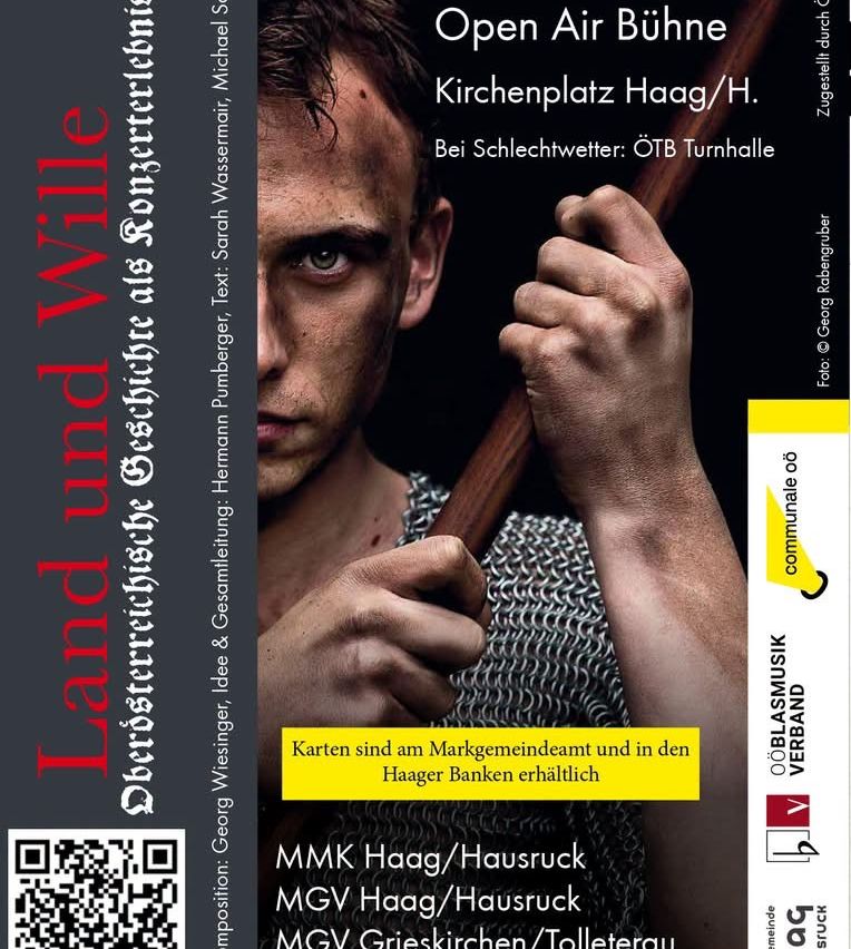 Ein Poster mit einem Mann in Rüstung, der einen Holzstab hält, mit Text auf Deutsch. Das Poster enthält einen QR-Code und erwähnt einen Ort und ein Datum.