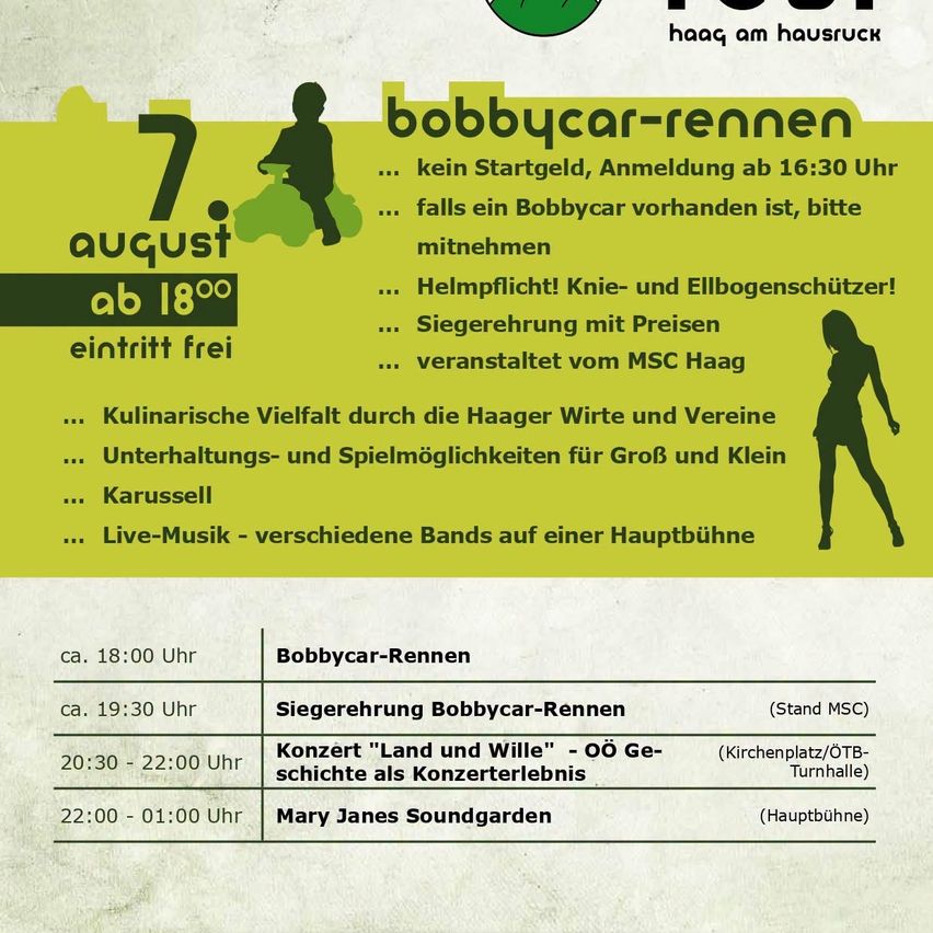 Plakat für Bobbycar-Rennen am 7. August. Freier Eintritt, Anmeldung um 16:30. Helmpflicht, Preise zu vergeben. Live-Musik, Essensstände und Karussell. Beginn um 18:00.
