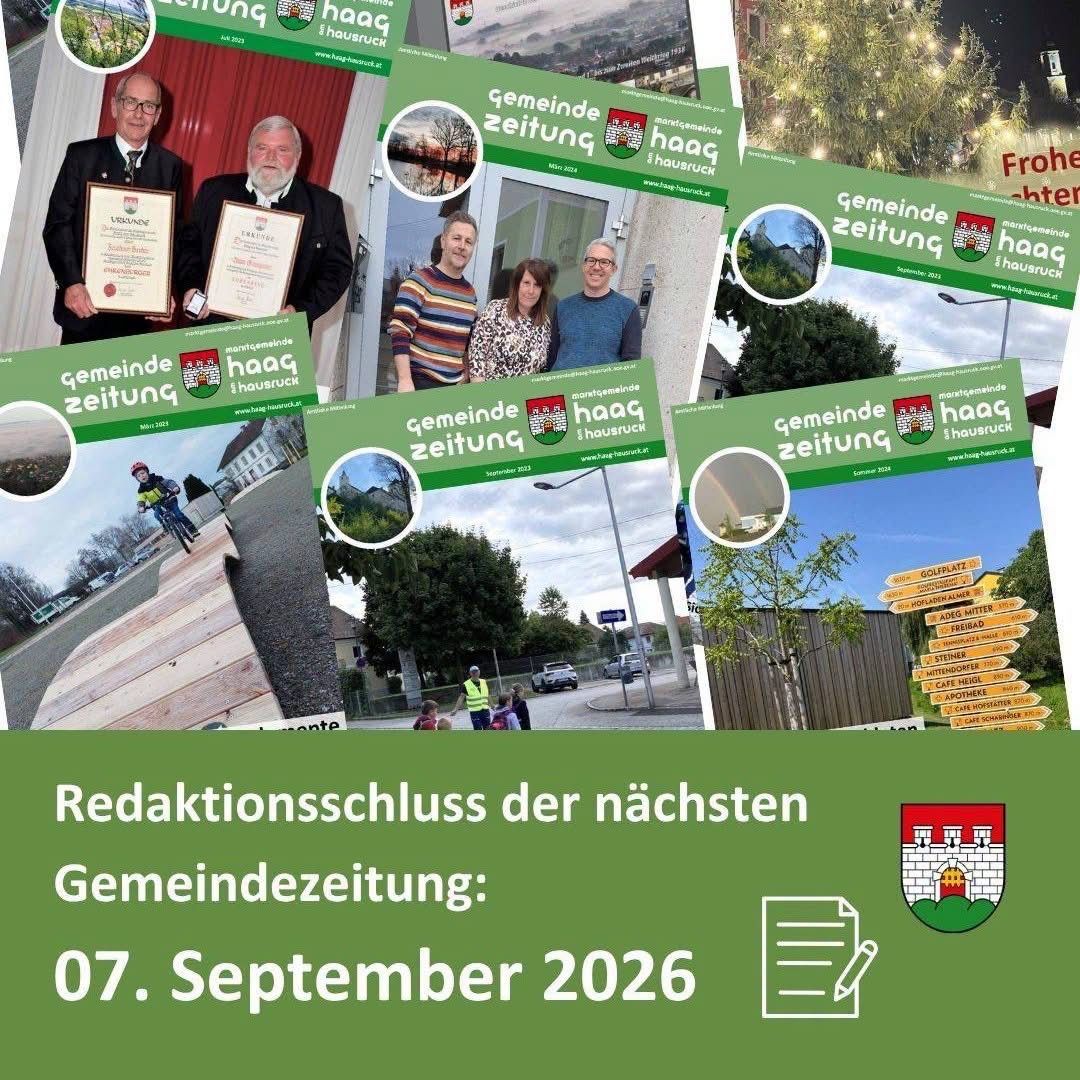 Eine Collage von Bildern, die verschiedene Szenen aus einer Gemeinde zeigen, einschließlich eines Fotos von zwei Männern, die Zertifikate halten, einer Familie, die vor einer Tür steht, und einer Collage verschiedener gemeindebezogener Bilder. Der Text unten gibt an, dass die Frist für die nächste Gemeindezeitung der 7. September 2026 ist.