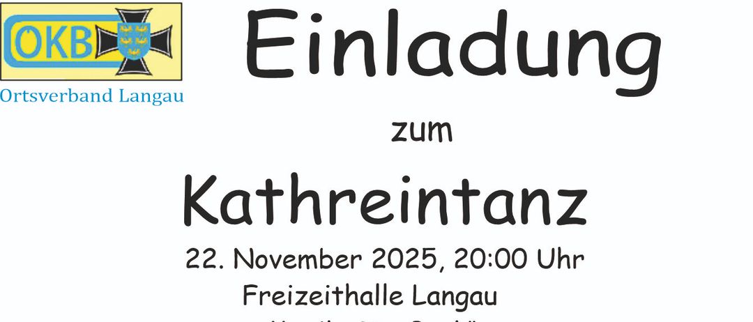 Plakat für den Kathreintanz-Event am 22. November 2025 um 20:00 Uhr. Es bietet Musik von 'TwoPack' und Tanz, veranstaltet von der Volkstanzgruppe Langau. Spenden sind willkommen.