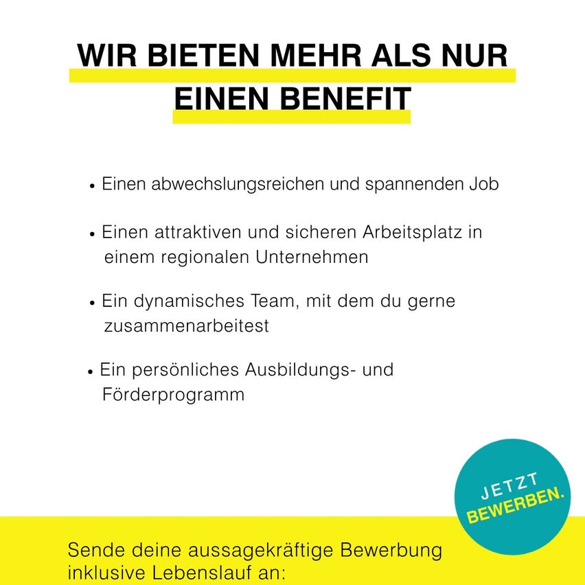 Ein Poster bewirbt die Vorteile eines Jobs, einschließlich einer abwechslungsreichen und spannenden Rolle, eines sicheren Arbeitsplatzes in einem regionalen Unternehmen, eines dynamischen Teams und eines persönlichen Entwicklungsprogramms. Es ermutigt zur Einreichung einer starken Bewerbung mit Lebenslauf.