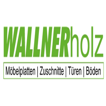 Das Logo für Wallner Holz wird angezeigt. Es zeigt den Firmennamen in Grün, darunter 'Möbelplatten', 'Zuschnitte', 'Türen' und 'Böden' in Schwarz aufgelistet. Das Bild hat einen weißen Hintergrund.