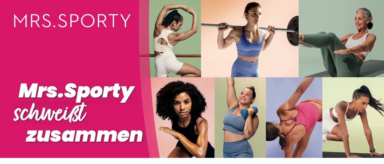 Bild mit verschiedenen Fitnessaktivitäten wie Pilates und Gewichtheben. Der Text hebt ein 7-tägiges kostenloses Testangebot im Sporty Club Horn hervor. Kontaktdaten und Website sind angegeben.