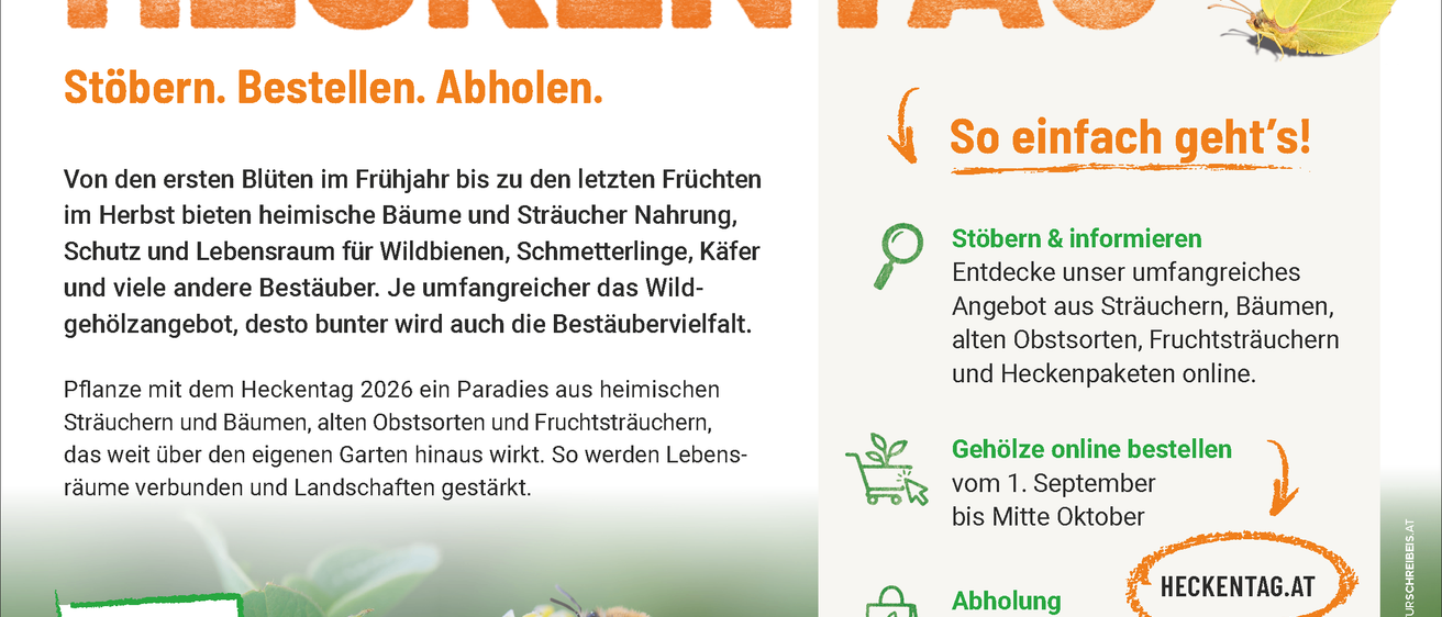 Plakat für den Heckentag 2026, zeigt eine Biene auf einer Blume und bewirbt heimische Bäume und Sträucher für Wildtiere, mit Online-Bestellung, Abholung und Lieferterminen.