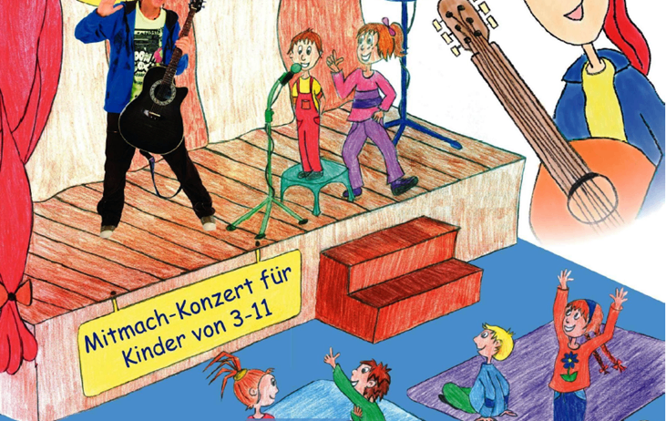 Ein Plakat für eine Kindermusikveranstaltung zeigt eine Bühne mit Musikern, tanzenden Kindern und Instrumenten. Der Termin ist der 14. Juni 2026, Beginn um 16 Uhr, im Dorfzentrum Prottes.