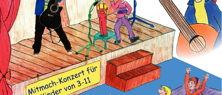 Ein Plakat für eine Kindermusikveranstaltung zeigt eine Bühne mit Musikern, tanzenden Kindern und Instrumenten. Der Termin ist der 14. Juni 2026, Beginn um 16 Uhr, im Dorfzentrum Prottes.
