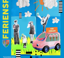 Ein Poster mit blauem Hintergrund, das eine Familie mit vier Personen und ein rosa Auto zeigt. Der Titel lautet 'Prottes 2026'. Das Poster enthält auch eine Person, die einen Eisbecher hält, ein Logo und einen Datumsbereich vom 4. Juli bis zum 12. September.