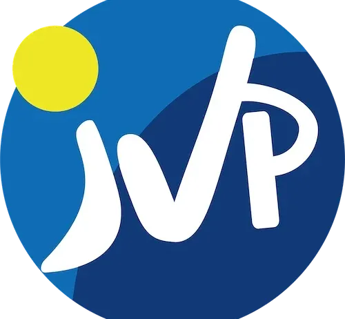 Ein kreisförmiges Logo mit blauem Hintergrund, das einen weißen stilisierten Buchstaben 'V' mit einer gelben Sonne im Hintergrund zeigt.