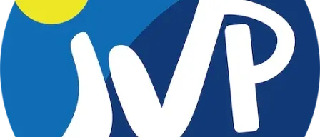 A circular logo with a blue background, featuring a white stylized letter 'V' with a yellow sun in the background.