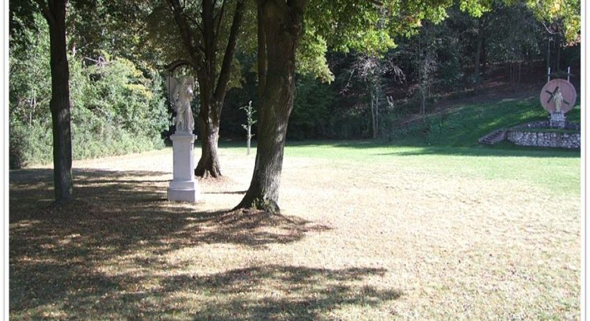 Ein ruhiger Park mit einer Statue unter einem Baum, umgeben von üppigem Grün und einem Rasenfeld.