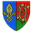 Prottes-Logo. Ein Wappenschild mit blauem und rotem Hintergrund, einem gelben Kreuz auf der linken Seite und einem Weinstock auf der rechten Seite.