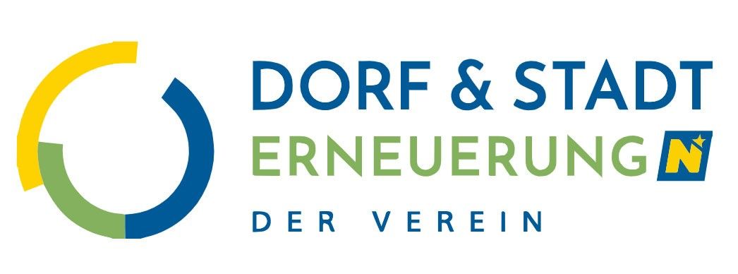 Das Logo für Dorf & Stadterneuerung, ein kreisförmiges Design mit blauen, grünen und gelben Elementen auf weißem Hintergrund.