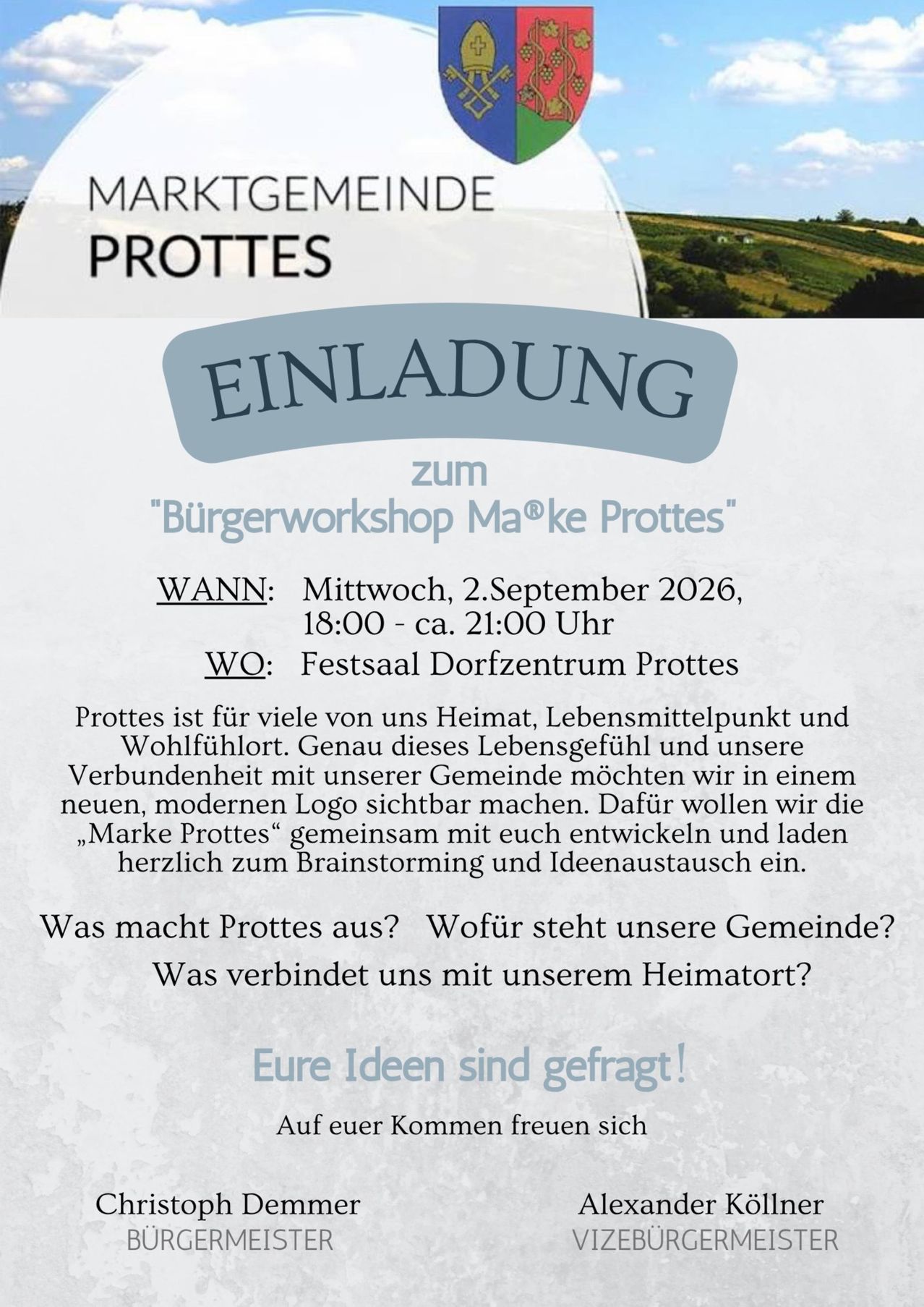 Plakat für einen Gemeindeworkshop in Prottes, bei dem die Einwohner eingeladen werden, an der Erstellung eines neuen Logos für die Stadt teilzunehmen. Die Veranstaltung ist für Mittwoch, den 2. September 2026, von 18:00 Uhr bis etwa 21:00 Uhr im Dorfzentrum Prottes geplant.