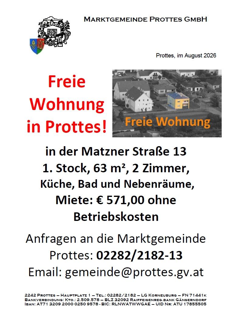Eine Anzeige für eine kostenlose Wohnung in Prottes, Österreich. Es zeigt eine Luftaufnahme von Häusern und erwähnt den Standort, die Größe und die Miete. Die Kontaktdaten sind ebenfalls angegeben.