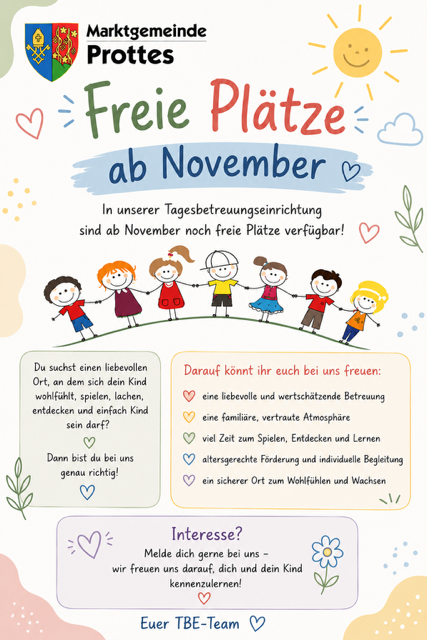 Plakat für eine Kindertagesstätte in Prottes, Deutschland, mit Kindern, die Händchen halten, einem Hintergrund mit Sonne und Wolken und Text auf Deutsch über freie Plätze ab November.