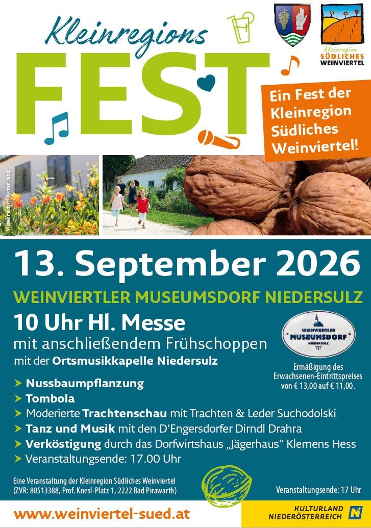 Plakat für ein Festival im Weinviertler Museumsdorf Niedersulz am 13. September 2026 mit Garten, Kindern und Walnüssen. Aktivitäten umfassen Markt, Musik, Tombola und Essen.