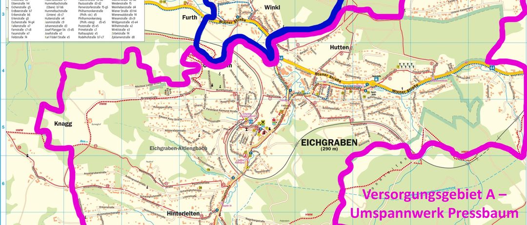 Karte von Eichgraben mit zwei Versorgungsgebieten hervorgehoben. Gebiet A befindet sich um Pressbaum und Gebiet B um Neulengbach. Beide Gebiete sind durch blaue und rosa Linien verbunden.