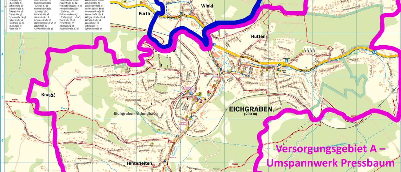Karte von Eichgraben mit zwei Versorgungsgebieten hervorgehoben. Gebiet A befindet sich um Pressbaum und Gebiet B um Neulengbach. Beide Gebiete sind durch blaue und rosa Linien verbunden.